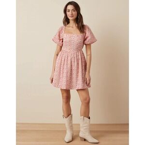 American Eagle Outfitters Floral Puff-Sleeve Mini Dress Size Medium Women's Pink